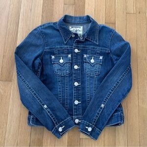 True Religion Denim Jacket Trucker Womens Medium Y2K Jean Jacket Embroidered